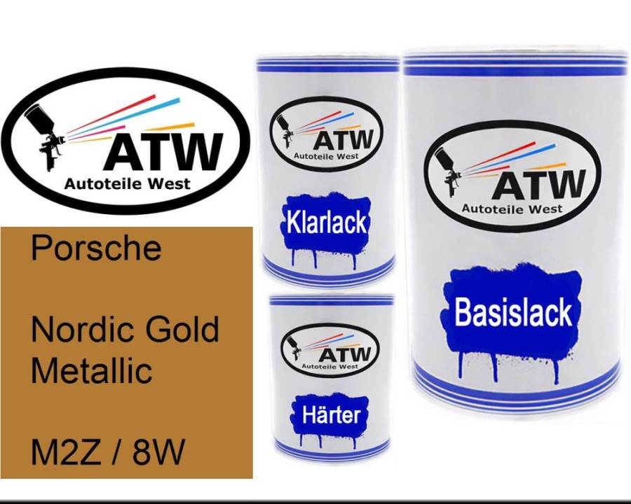 Porsche, Nordic Gold Metallic, M2Z / 8W: 500ml Lackdose + 500ml Klarlack + 250ml Härter - Set, von ATW Autoteile West.